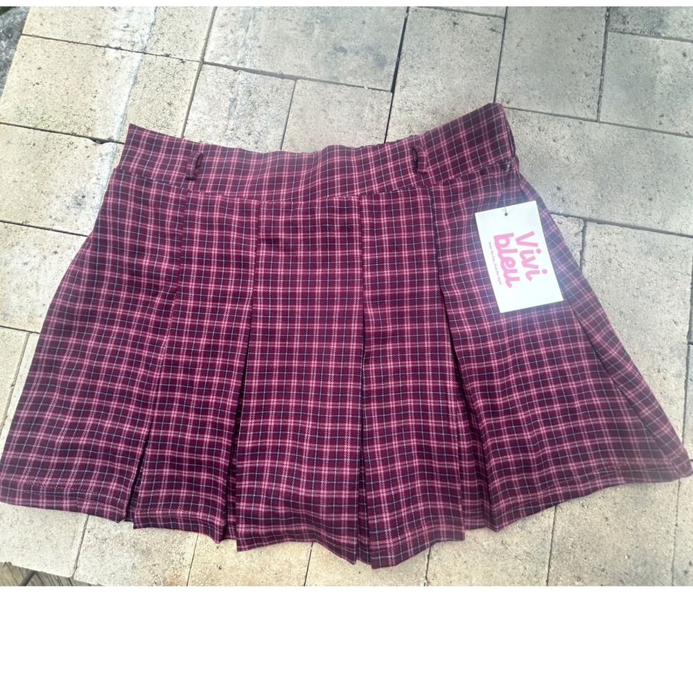 Vivi Bleu Burgundy Plaid Pleated Mini Skirt XL NWT High Waisted School Girl chic